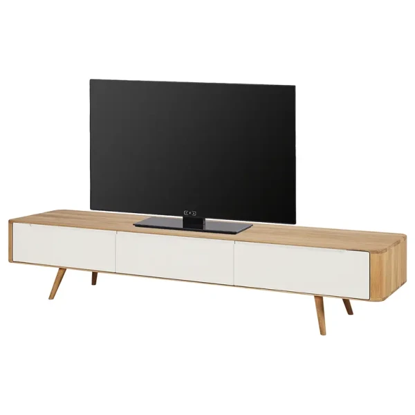 TV-Lowboard Front: MDF Mitteldichte Holzfaserplatte , lackiert Korpus & Beine: Massivholz Wildeiche, geölt Braun/Muschelweiß/Wildeiche 225 x
