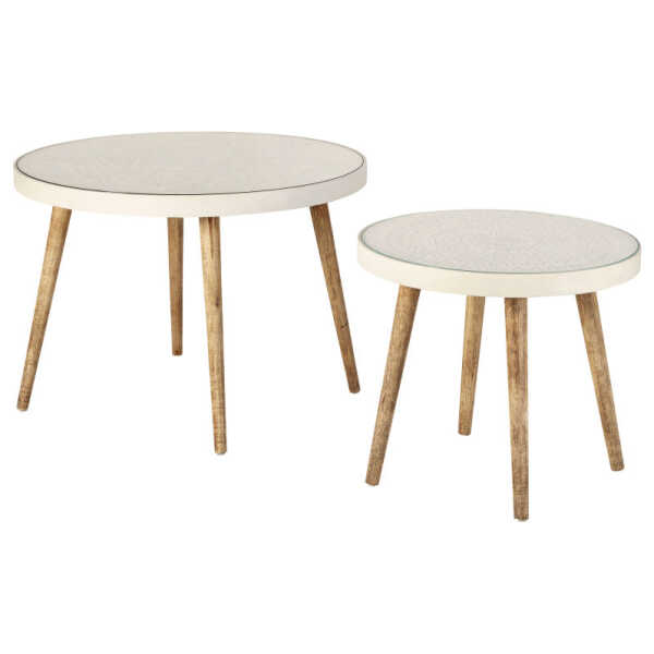 Beistelltischchen, weiß mit eingravierten Motiven und Glas