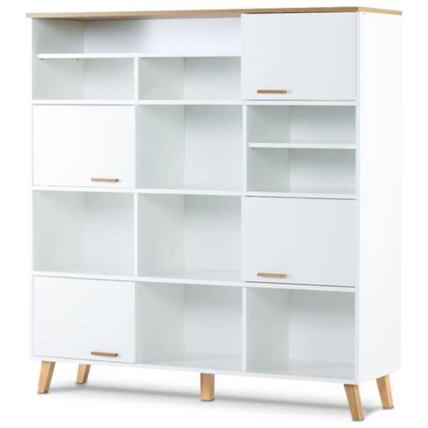 Bücherregal mit Einlegeböden und 4 Türen, weiß Eiche natur
