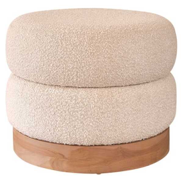 Hocker aus massivem Teakholz und weißem Bouclé-Stoff Ø55 cm