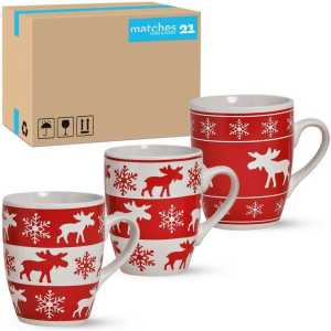 matches21 HOME & HOBBY Tasse Weihnachtstassen 3er Set Skandi Elche gestreift Kaffeetassen, Keramik, Tee Kaffee-Becher, Weihnachten, modern, rot weiss, 300 ml