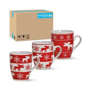 matches21 HOME & HOBBY Tasse Weihnachtstassen 3er Set Skandi Elche gestreift Kaffeetassen, Keramik, Tee Kaffee-Becher, Weihnachten, modern, rot weiss, 300 ml