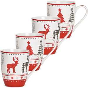 matches21 HOME & HOBBY Tasse Weihnachtstassen 4er Set Skandi Motive mit Spruch Merry Christmas, Porzellan, Tee Kaffee-Becher, Weihnachten, modern, weiss rot grau, 350 ml