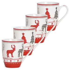 matches21 HOME & HOBBY Tasse Weihnachtstassen 4er Set Skandi Motive mit Spruch Merry Christmas, Porzellan, Tee Kaffee-Becher, Weihnachten, modern, weiss rot grau, 350 ml