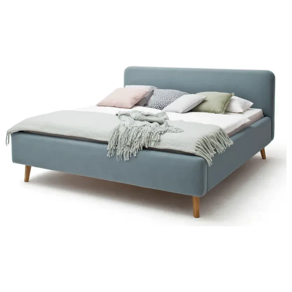 Polsterbett MATTIS 180 x 200cm Webstoff Asha Blau/Eisblau ohne Lattenrost Eiche