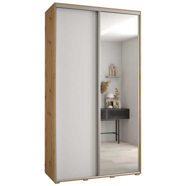 Abiks Möbel SCHWEBETÜRENSCHRANK Eiche Artisan, Weiß, Silber
