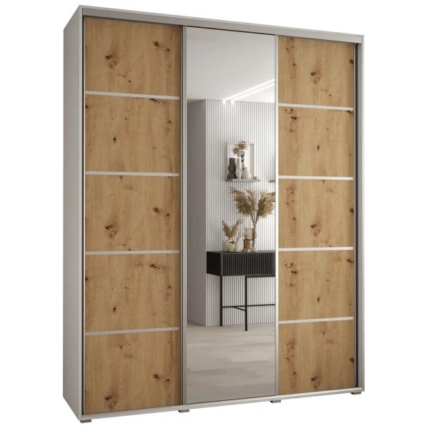 Abiks Möbel SCHWEBETÜRENSCHRANK Weiß, Eiche Artisan, Silber