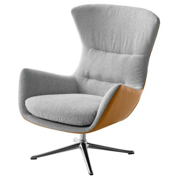 Sessel mit Kreuzfuß Braun/Grau Webstoff Saia / Echtleder Neka Chrom glänzend 84 x 99 x 96cm