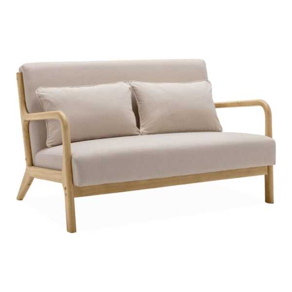 Skandinavische Sitzbank aus Holz mit Stoffbezug in beige