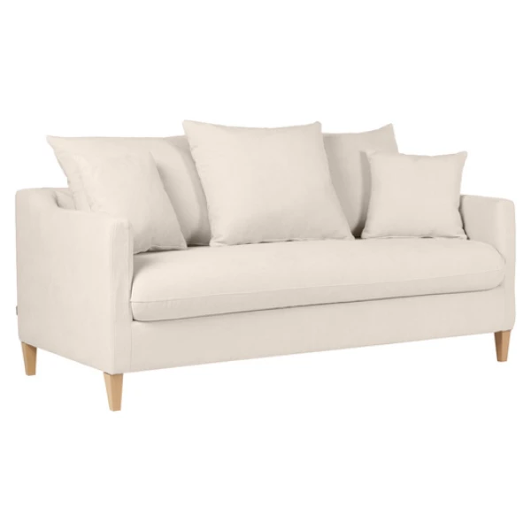 Skandinavisches Schlafsofa aus beigem Stoff mit Samteffekt und hellem Holz 3-Sitzer LOUISE
