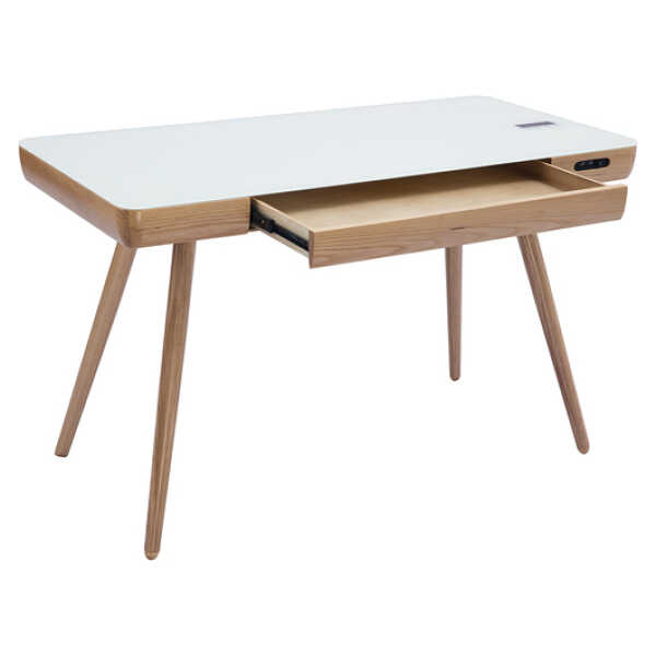 Vernetzter Multimedia-Schreibtisch - weißes Glas und helles Holz CLEVER