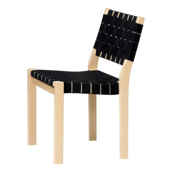 Artek - Stuhl 611, Birke klar lackiert / Leinengurte schwarz