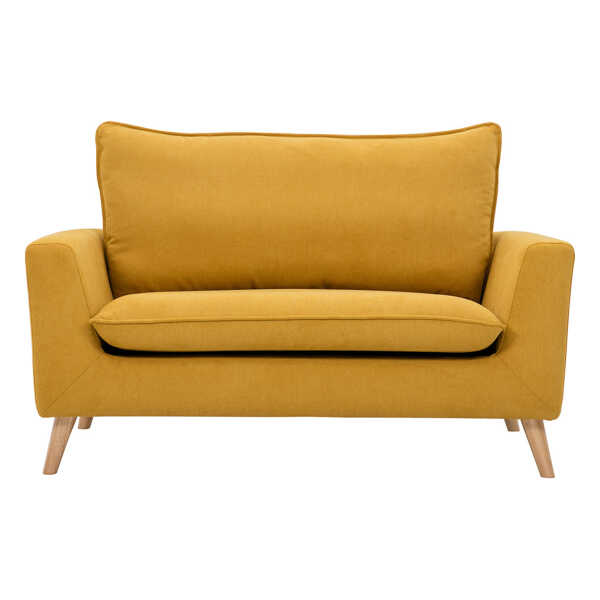 Skandinavisches Sofa aus senfgelbem Stoff mit Samteffekt und hellem Holz 2-Sitzer JONAS