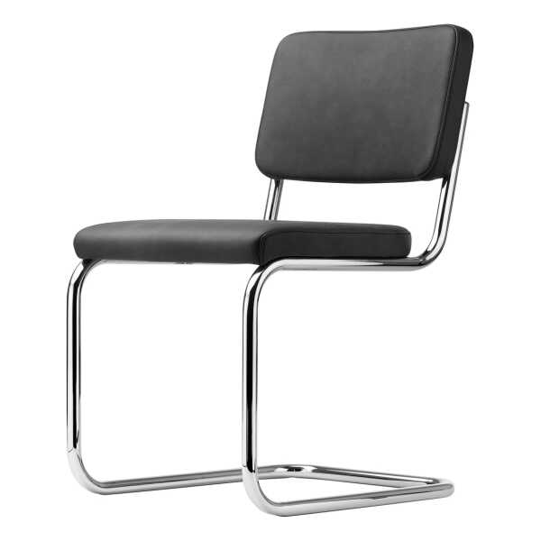 Thonet - S 32 PV Polsterstuhl, Chrom / Leder Linea schwarz (622 Nero), Nähte mit Kunststoffleder schwarz