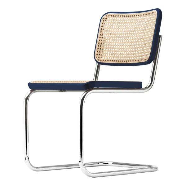 Thonet - S 32 V Stuhl, Chrom / Buche dunkelblau (TP 259) / Rohrgeflecht mit Stützgewebe
