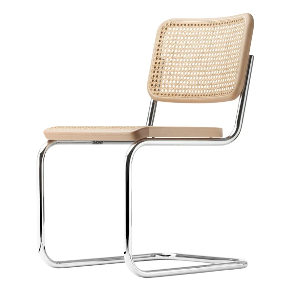 Thonet - S 32 V Stuhl, Chrom / Buche natur (TP 17) / Rohrgeflecht mit Stoffstützgewebe
