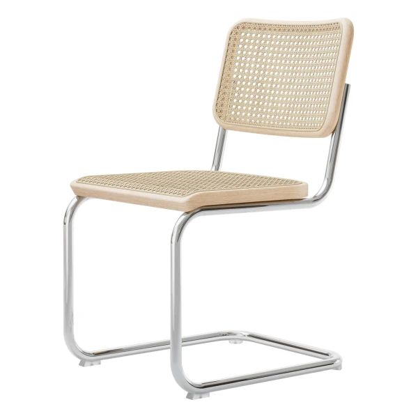 Thonet - S 32 V Stuhl, Chrom / Esche natur lackiert / Rohrgeflecht mit Stoffstützgewebe