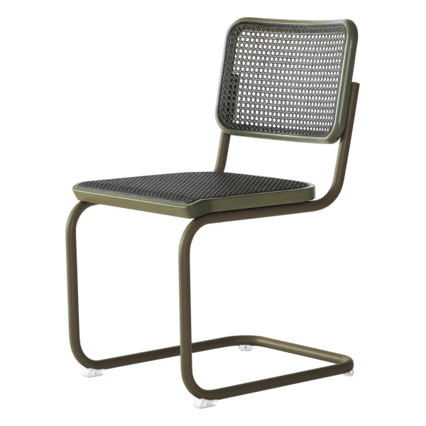 Thonet - S 32 V Stuhl, salbeigrün / Eiche gebeizt / Rohrgeflecht mit Stützgewebe dark melange