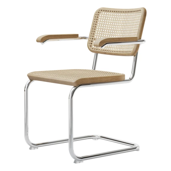 Thonet - S 64 V Armlehnstuhl, Chrom / Eiche natur / Rohrgeflecht mit Stützgewebe (Pure Materials)