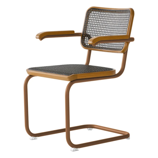 Thonet - S 64 V Armlehnstuhl, bernstein / Eiche gebeizt / Rohrgeflecht mit Stützgewebe dark melange