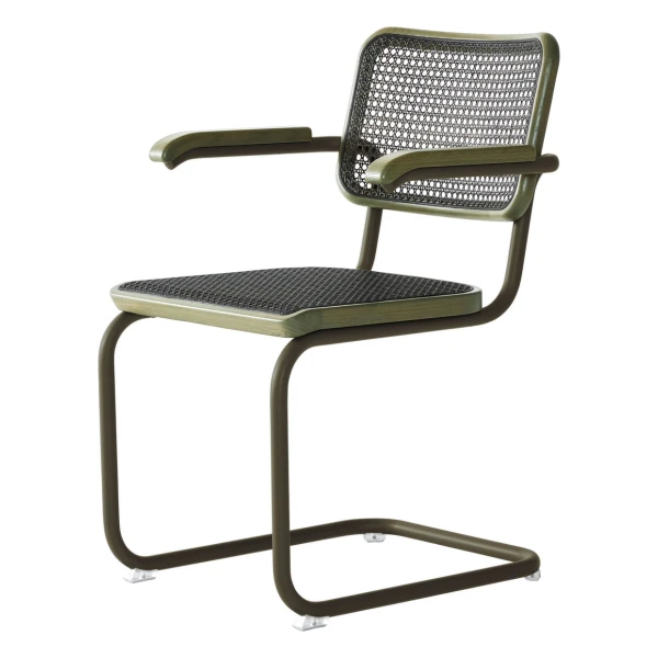 Thonet - S 64 V Armlehnstuhl, salbeigrün / Eiche gebeizt / Rohrgeflecht mit Stützgewebe dark melange