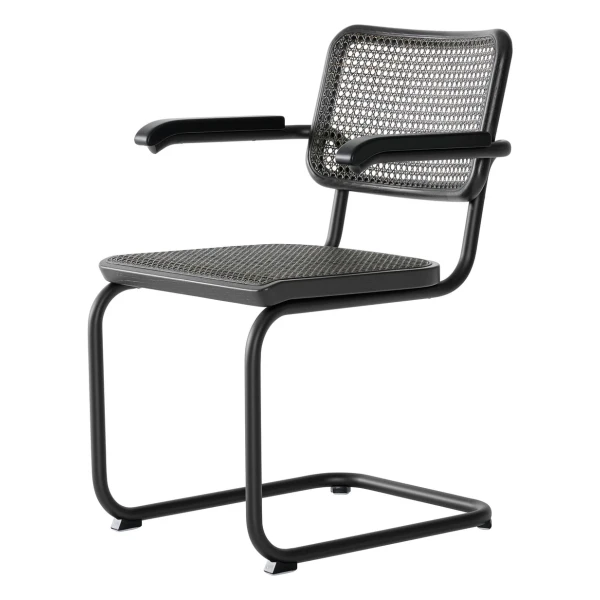 Thonet - S 64 V Armlehnstuhl, schwarz RAL 9005 / Eiche gebeizt / Rohrgeflecht mit Stützgewebe dark melange
