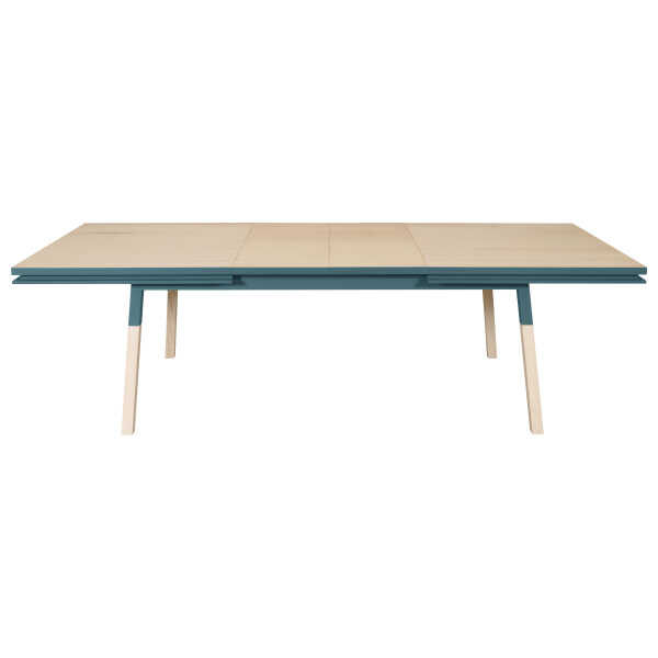 Rechteckiger ausziehbarer Tisch aus massivem Eschenholz 180 cm, blau
