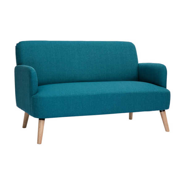 Skandinavisches 2-Sitzer-Sofa aus entenblauem Stoff und hellem Holz ISKO
