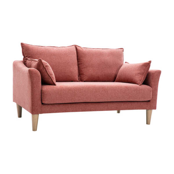 Skandinavisches Sofa aus terracottafarbenem Stoff mit Samteffekt und hellem Holz 2-Sitzer KATE