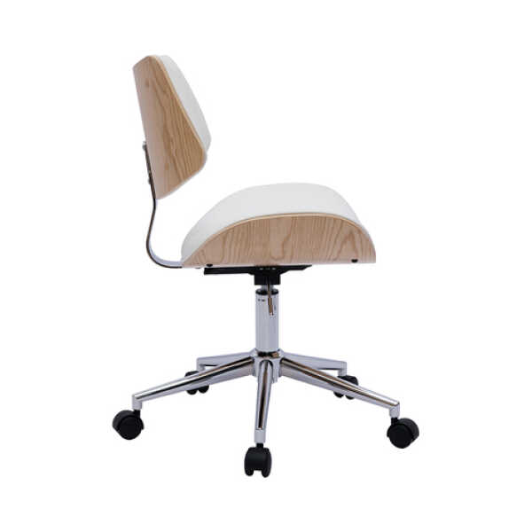 Weißer Design-Bürostuhl mit Rollen, helles Holz mit Eichenfurnier und Metall MALMO