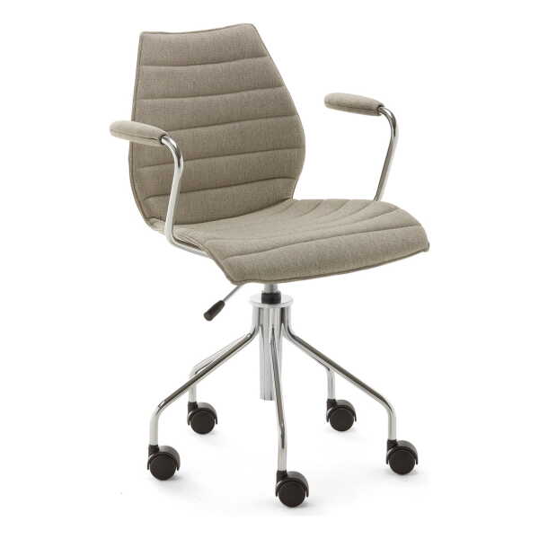 Kartell - Maui Soft Bürostuhl mit Armlehnen und Rollen, Stahl verchromt / Noma beige