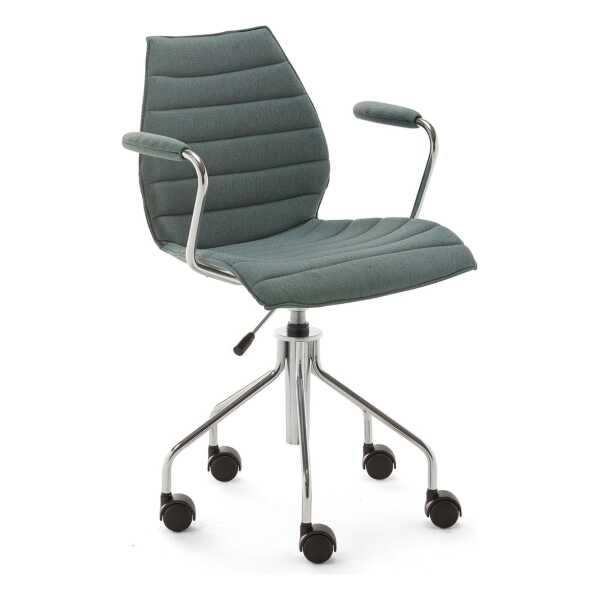 Kartell - Maui Soft Bürostuhl mit Armlehnen und Rollen, Stahl verchromt / Noma grün