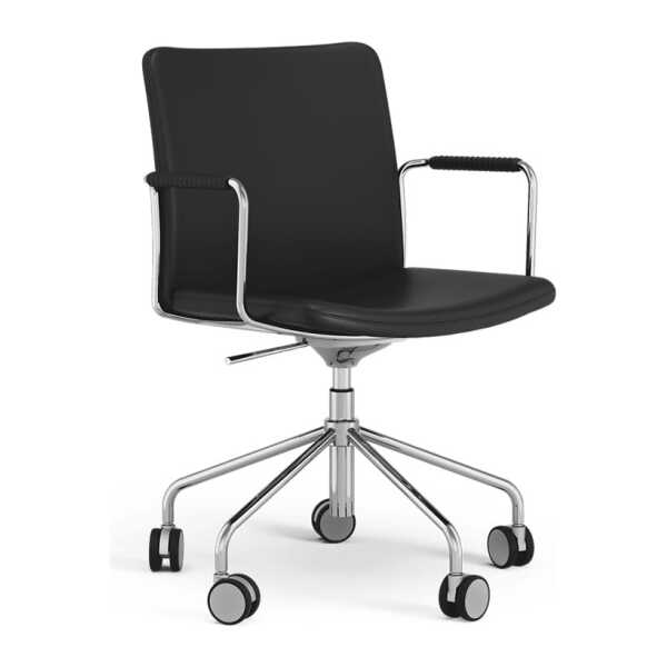 Swedese Stella Bürostuhl, höhenverstellbar mit Kippfunktion Leder elmosoft 99999 Schwarz, Chromgestell, Lederbezogene Armlehne, bewegliche Rückenlehne
