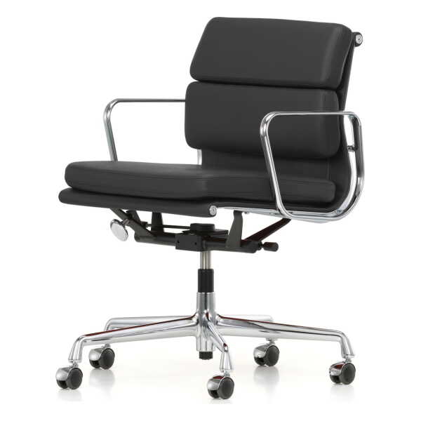 Vitra - EA 217 Soft Pad Bürostuhl Chrom mit Armlehnen, drehbar, Leder Premium F asphalt (Hartbodenrollen)