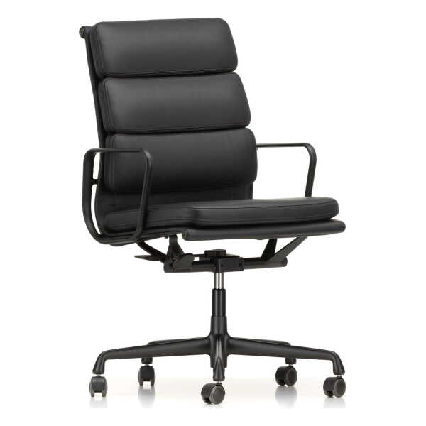 Vitra - EA 219 Soft Pad Bürostuhl beschichtet tiefschwarz mit Armlehnen, Leder Premium F nero (Hartbodenrollen)