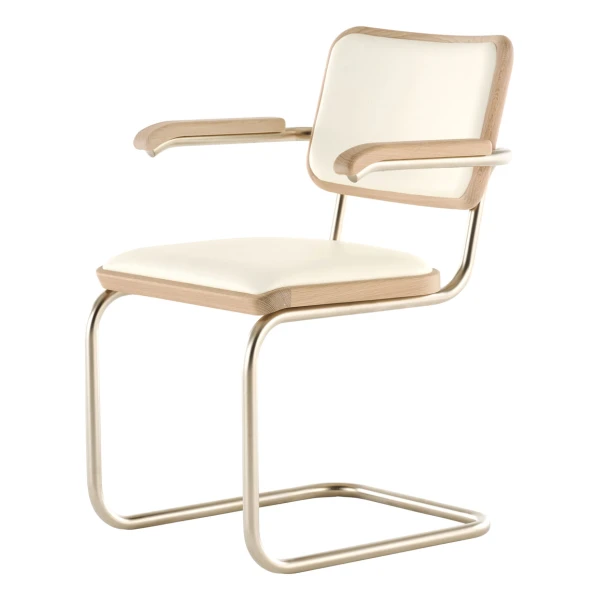 Thonet - JS. THONET by Jil Sander S 64 P Nordic Armlehnstuhl, Nickelsilver / Eiche weiß pigmentiert / Leder alabaster white