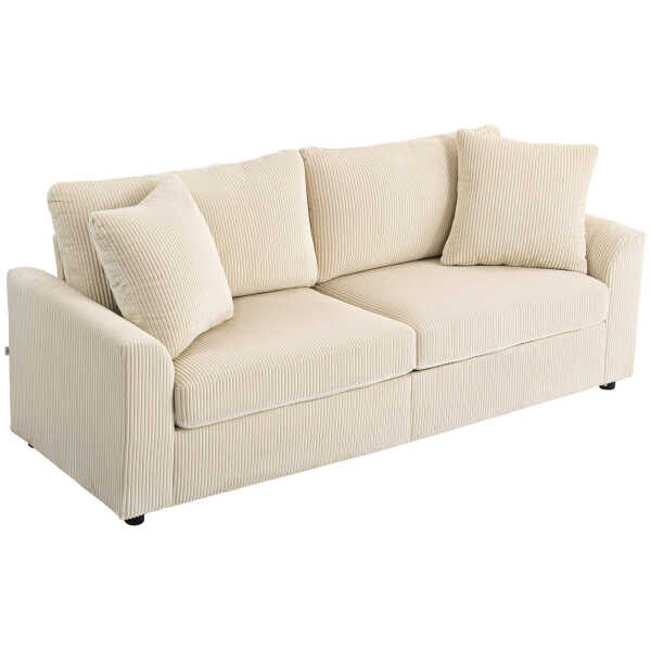 HOMCOM 3-Sitzer Sofa, Couch mit Armlehnen, Wurfkissen, Polstersofa mit Cordbezug, Dick Gepolstert Loungesofa bis 450 kg für Wohnzimmer, Schlafzimmer 212 x 80 x 88 cm, Cremeweiß Aosom