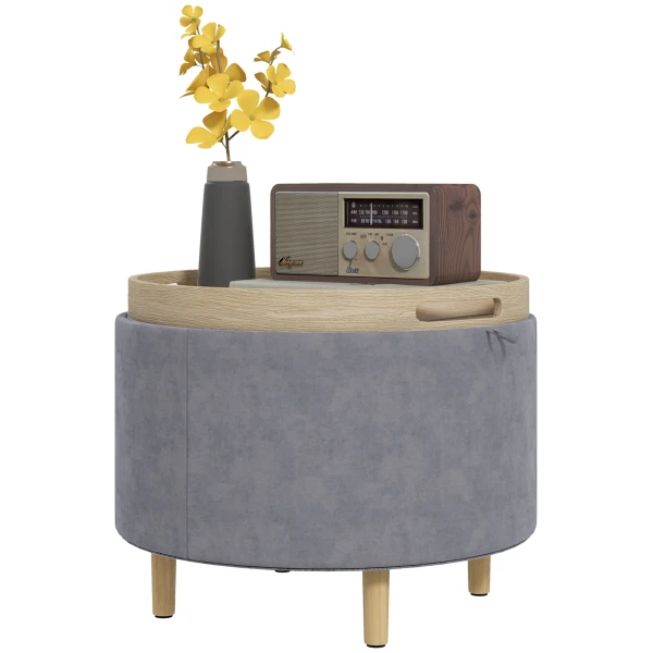 HOMCOM Aufbewahrungshocker aus Samt mit 120 kg max mit Umklappbarem Tablett, Couchtisch aus MDF und Eiche mit Verstecktem Stauraum, 56x56x42 cm, Grau Aosom