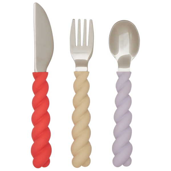OYOY - Mellow Kinderbesteck, lavender / vanilla / cherry red (3er-Set)