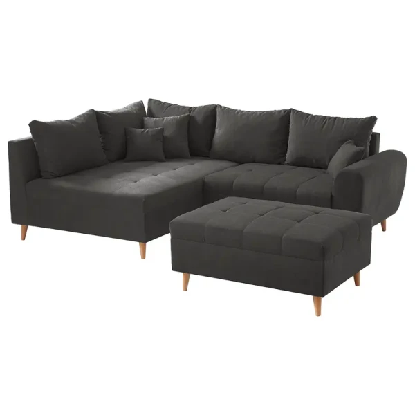 home24 Ecksofa Capstone Schwarz Microfaser Sole 249 x 94 x 175cm Ottomane davorstehend links mit Hocker Skandi