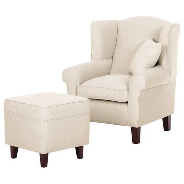 Maison Belfort Ohrensessel Colmar Beige Webstoff mit Hocker 78x95x78 cm (BxHxT)