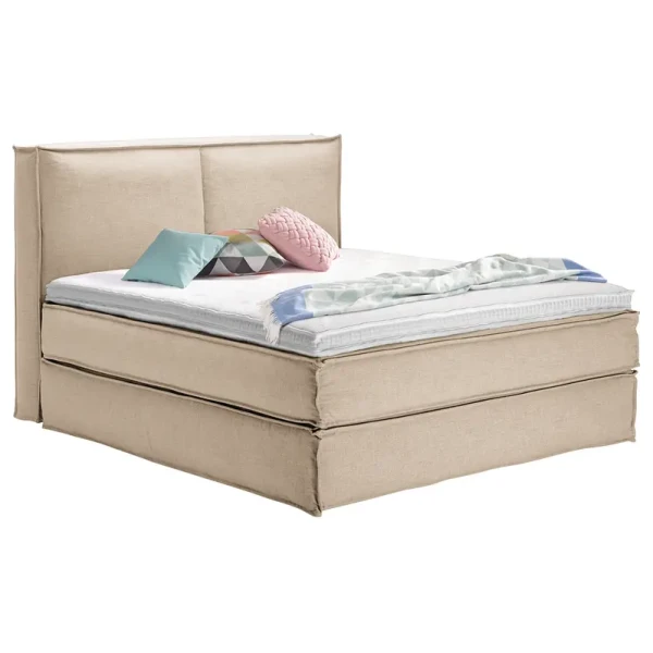 Premium Boxspringbett mit Kopfteil 180 x 200cm Flachgewebe Beige/Beige H2 130 cm