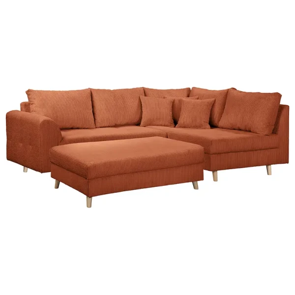 home24 Ecksofa Meyford Beige Cordstoff Lola 230 x 85 x 160cm Ottomane davorstehend rechts mit Hocker Skandi
