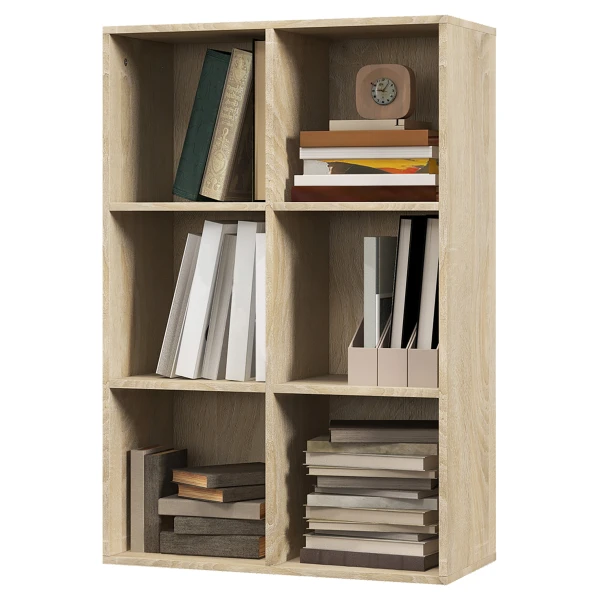 HOMCOM Mobiles Würfelregal mit 6 Fächern, Platzsparendes Holzregal, Raumteilerregal für Wohnzimmer, Schlafzimmer und Büro, 65,5x30x97,5 cm, Farbe Eiche Aosom