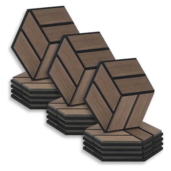Homestyle4u Akustikpaneele 30 x 26 cm 15 Stück Braun Hexagon Wandpaneele Holz
