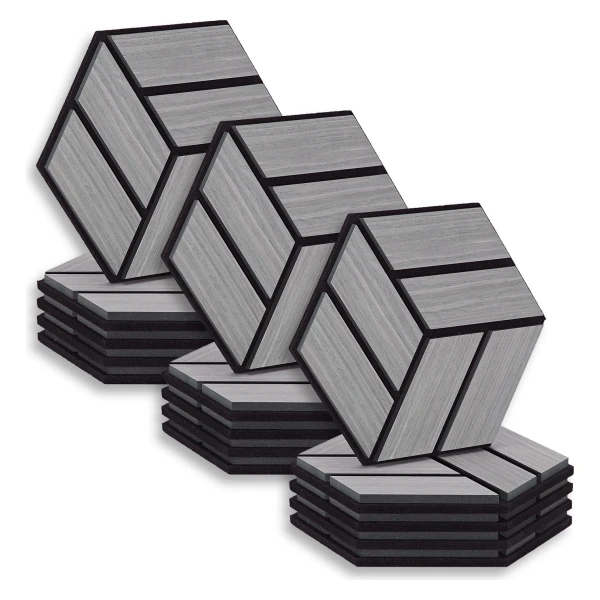 Homestyle4u Akustikpaneele 30 x 26 cm 15 Stück Grau Hexagon Wandpaneele Holz