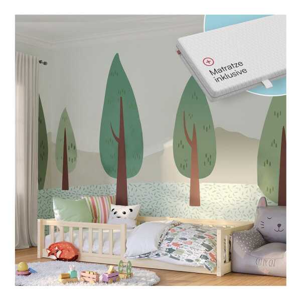 Bellabino Kinderbett Vere mit Rausfallschutz und Lattenrost (natur mit Matratze, Kiefer Massivholz), Bodenbett verfügbar in 80x160 & 90/120/140x200 cm