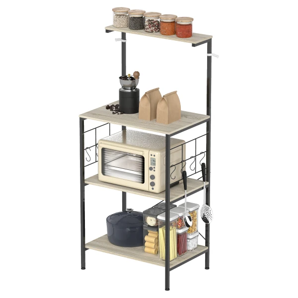 HOMCOM Küchenregal mit 4 Ebenen, Mikrowellenhalter mit Gitterpaneelen und 8 Haken, Küchenschrank im Industriestil, 60x42x134,5 cm, Eiche Aosom