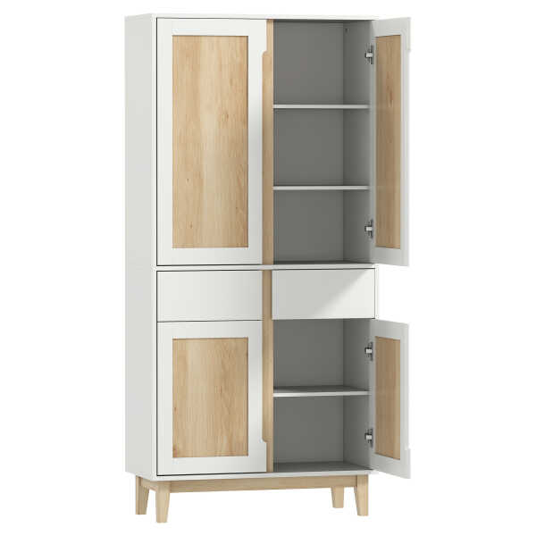 HOMCOM Küchen-Hochschrank, Küchenschrank, Vitrine, 4 Türen, 2 Schubladen, verstellbare Regale, Kautschukholzfüße, Aufbewahrungsmöbel für Wohnzimmer, Esszimmer, 80x35x170cm, Weiß und Eiche Aosom