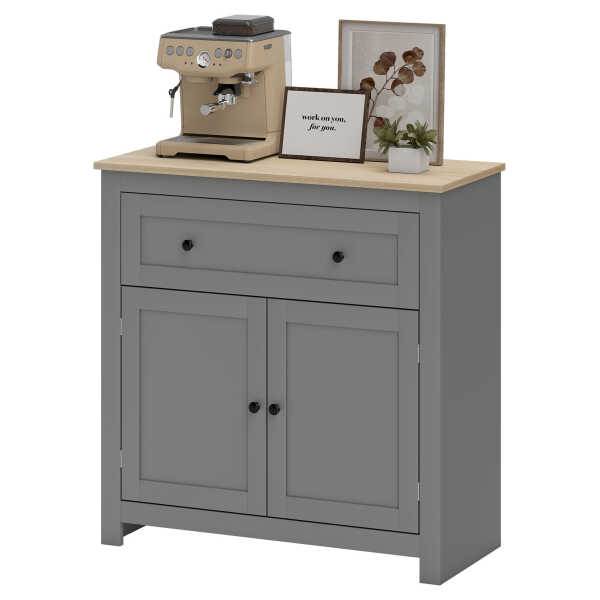 HOMCOM Küchenschrank mit Schublade und Schrank mit Regal verstellbar auf 3 Ebenen, Sideboard mit Eichenoptik-Arbeitsplatte, für Eingang, Küche und Esszimmer, 78,5x35x80 cm, Grau Aosom